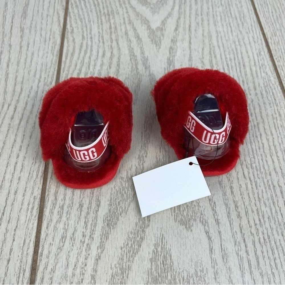 UGG Infant Fluff Yeah Furry Fuzzy Sandals 0/1 XS 0-6 months Ribbon Red $55